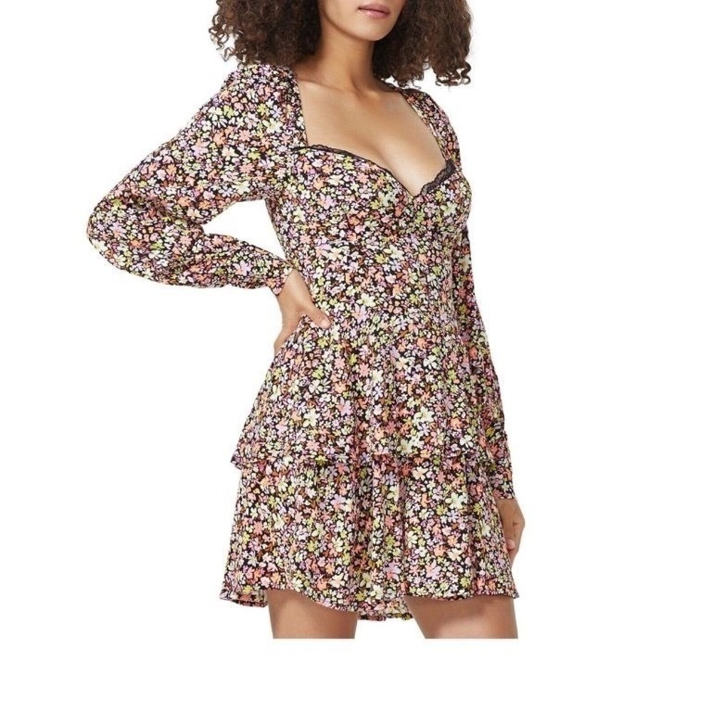 AFRM Modesto Sweetheart Black Wildflower Long Sleeve Ruffle Mini Dress XS NWT